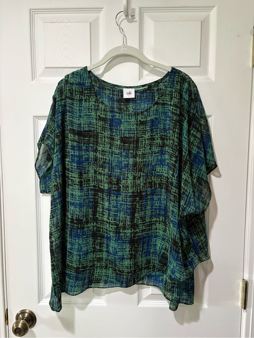 CAbi Green and Blue Plaid Scoop Neck Blouse Style 3770
